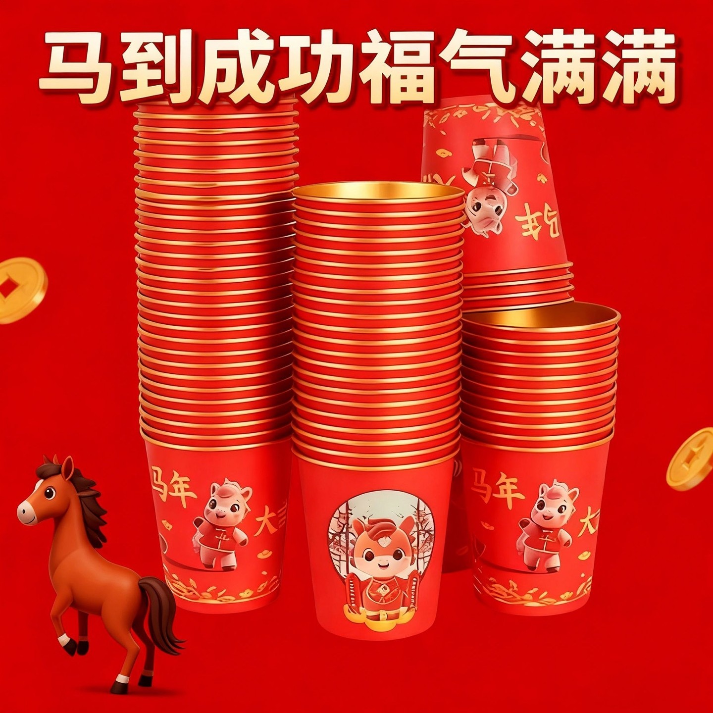 新年一次性纸杯2026年马年过年喜庆装饰家用年会杯子春节加厚水杯,居家日用,居家日用套装,淘宝优惠券,粉丝福利购,淘宝优惠卷