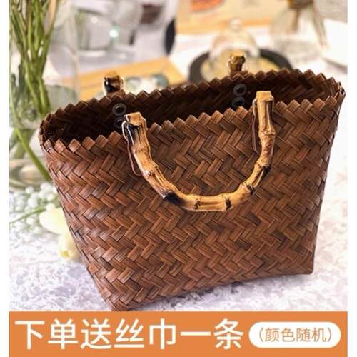 2023新款藤编手提包草编包竹节包女夏复古袋手工编织包百搭菜篮子