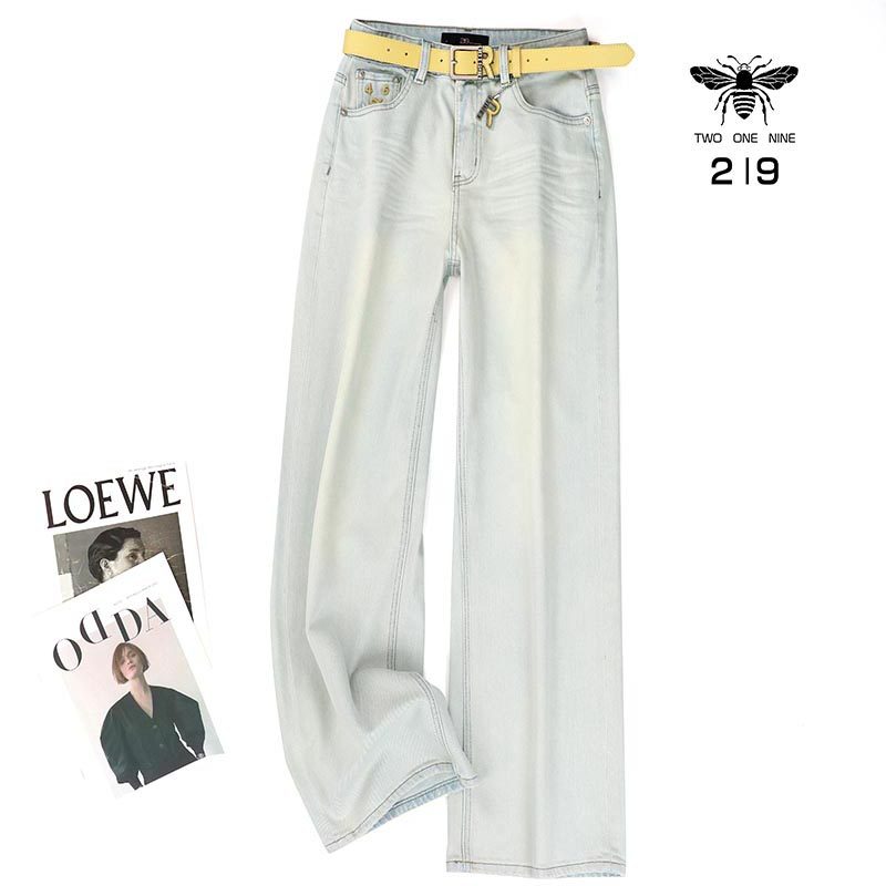 219欧货小蜜蜂春季浅蓝色磨白弹力直筒牛仔裤显瘦垂感窄版阔腿裤,女装/女士精品,牛仔裤,淘宝优惠券,粉丝福利购,淘宝优惠卷