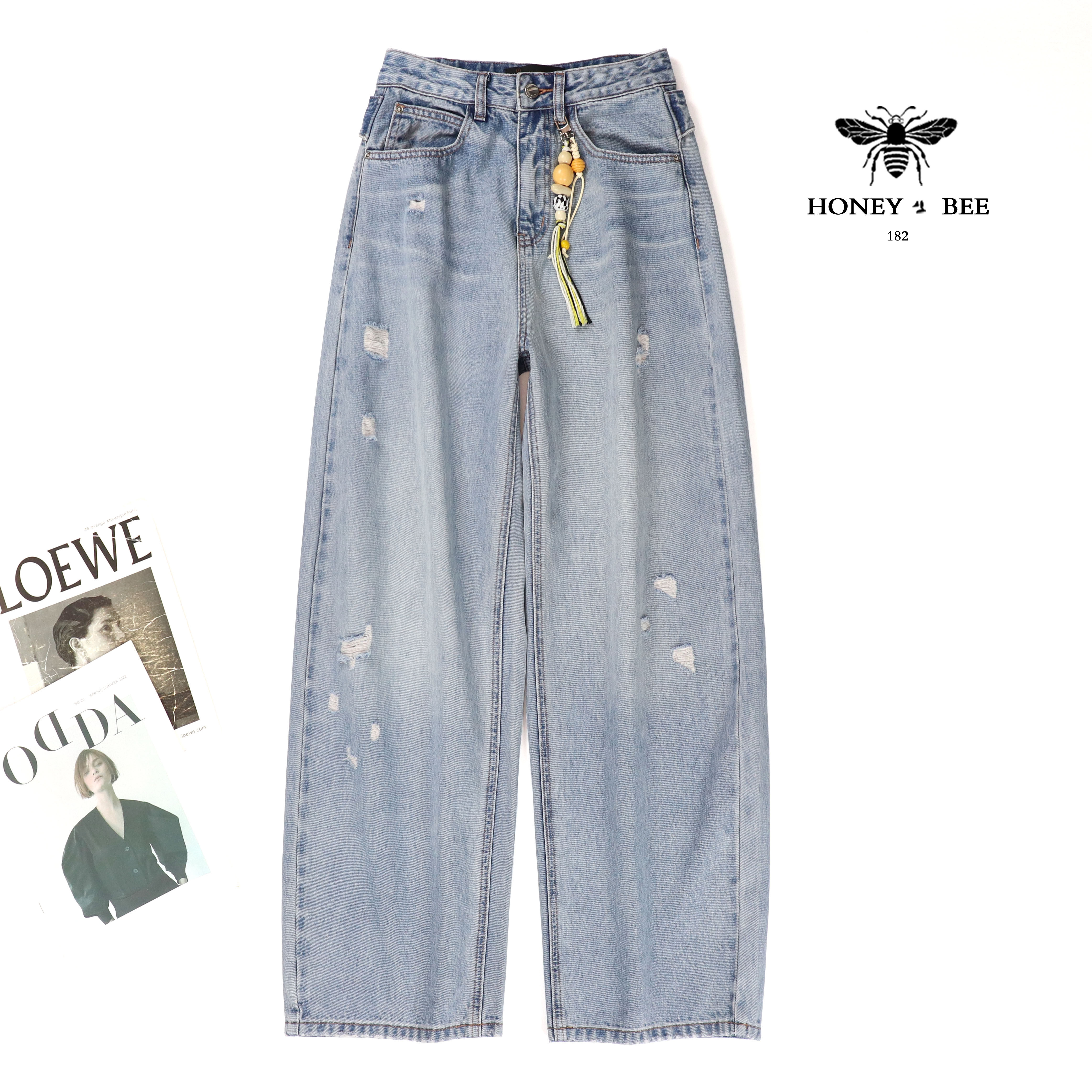 欧货小蜜蜂夏季薄款做旧破洞宽松弯刀牛仔裤女高腰显瘦时尚阔腿裤