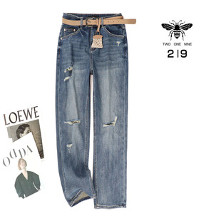 女 减龄显瘦九分烟管裤 219欧货小蜜蜂夏季 超薄做旧破洞弹力直筒裤