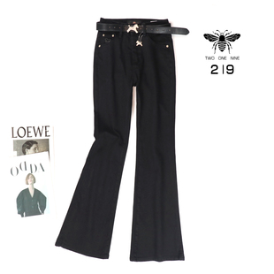 219欧货小蜜蜂春新款黑色修身高弹牛仔裤显瘦时尚洋气微喇长裤女