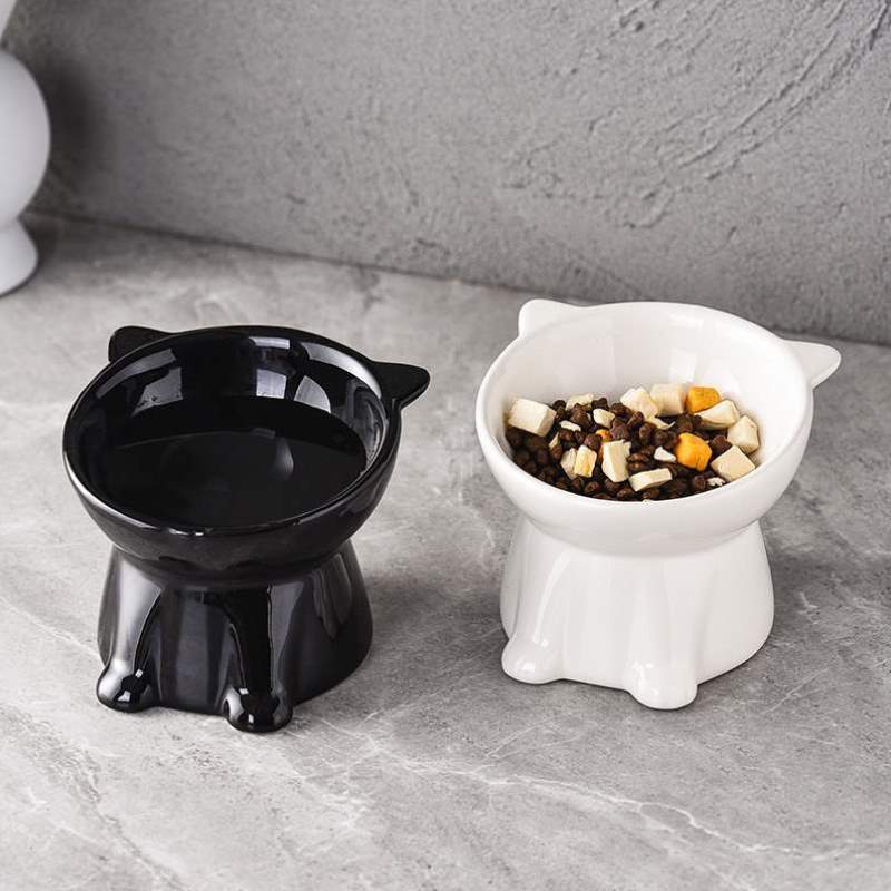 狗碗猫咪宠物猫打翻食盆黑碗碗黑色颈猫碗防高脚斜口护碗喝水陶瓷