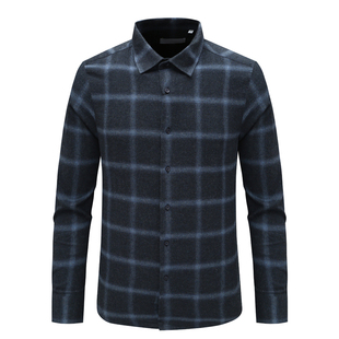 棉百搭商务休闲上衣 衬衫 藏蓝格 秋冬磨毛长袖 AB1570辛男式