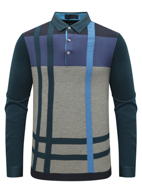 KN63康L尼L男式夏季长袖T恤 羊毛翻领套头休闲商务上衣 深蓝色