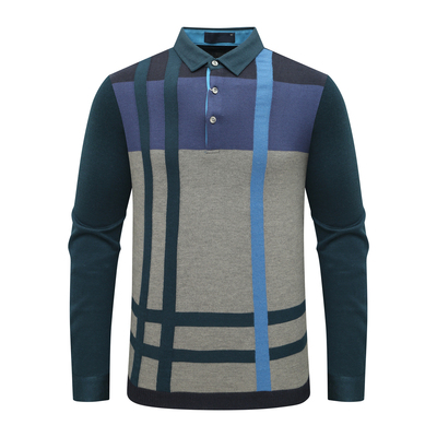 KN63康L尼L男式夏季长袖T恤 羊毛翻领套头休闲商务上衣 深蓝色