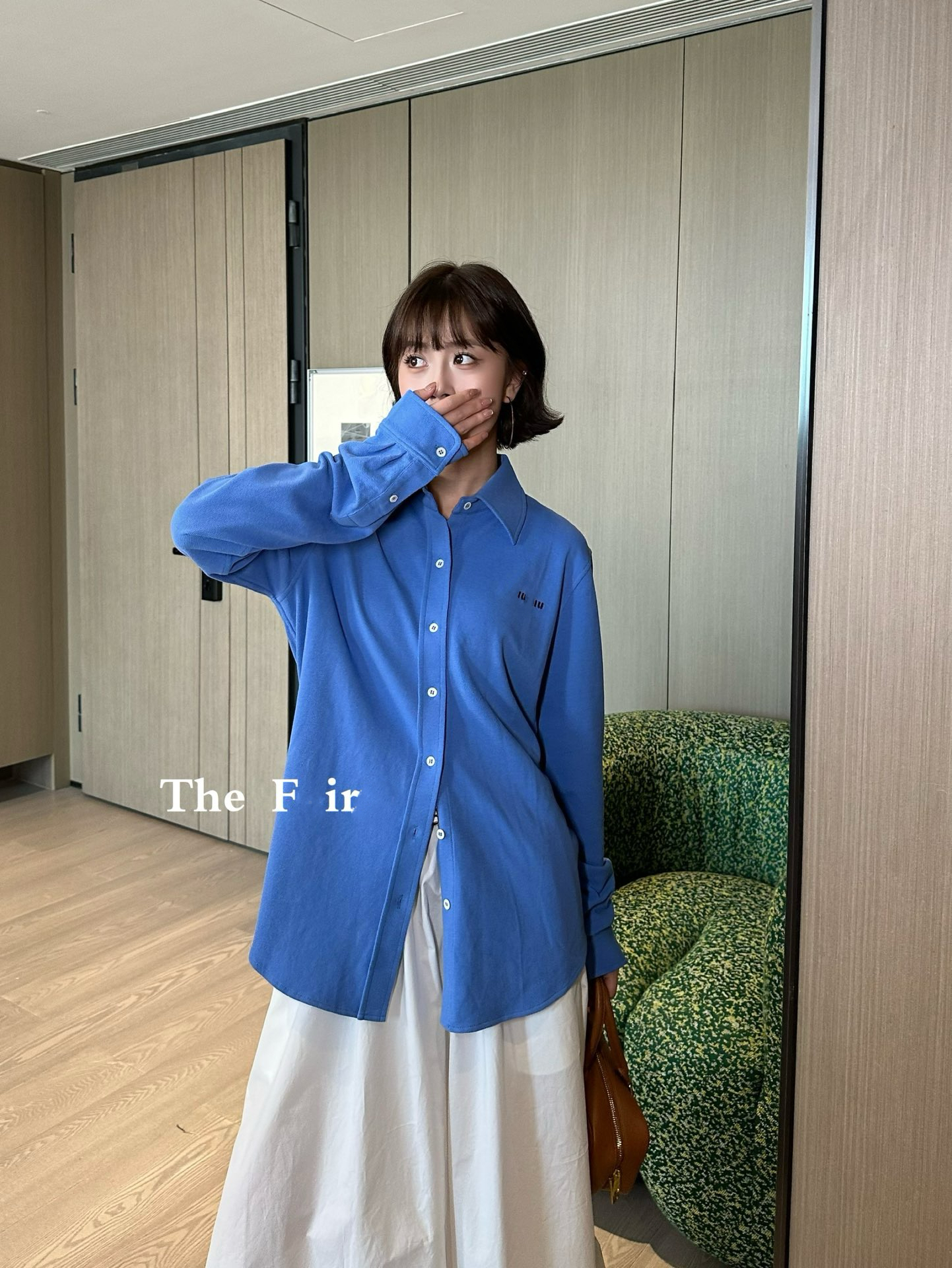 啊缪潮牌蓝色长袖衬衫女25夏季新款小众设计刺绣字母宽松百搭衬衣