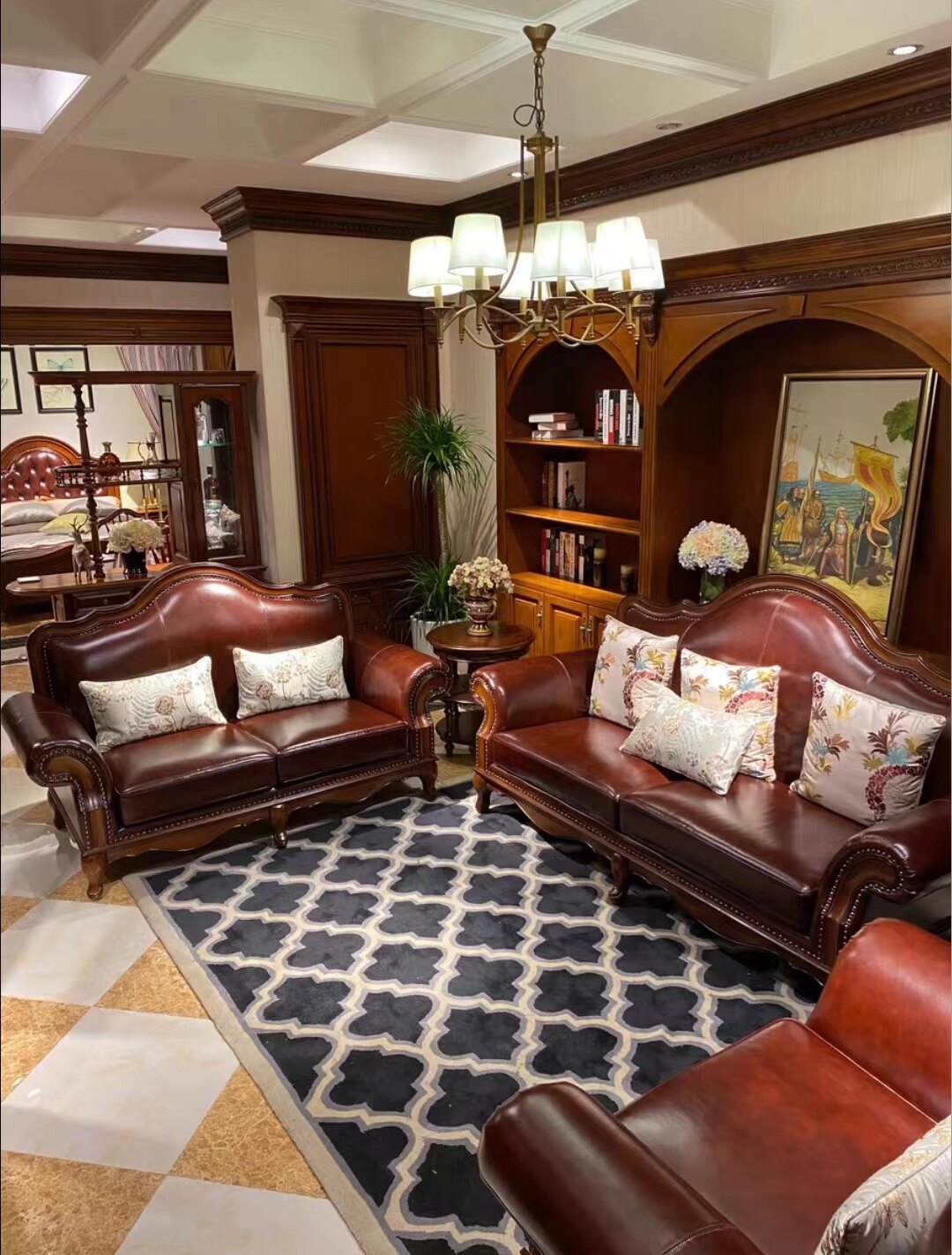 品牌家具专柜同款美式复古经典美式实木框架仿真皮高级感别墅沙发