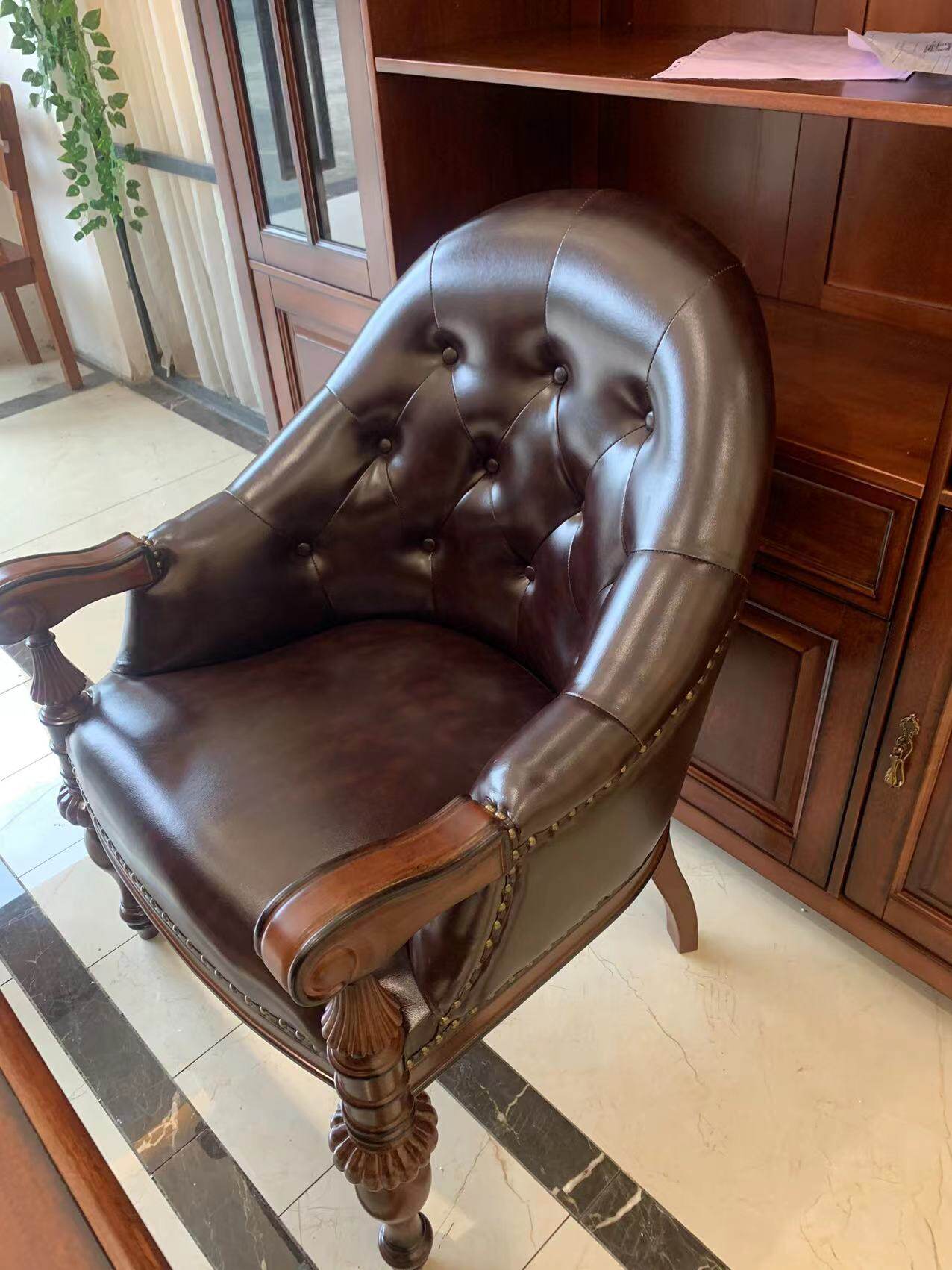 品牌家具专柜实木框架仿真皮高档休闲椅单人美式书椅755*770*996m