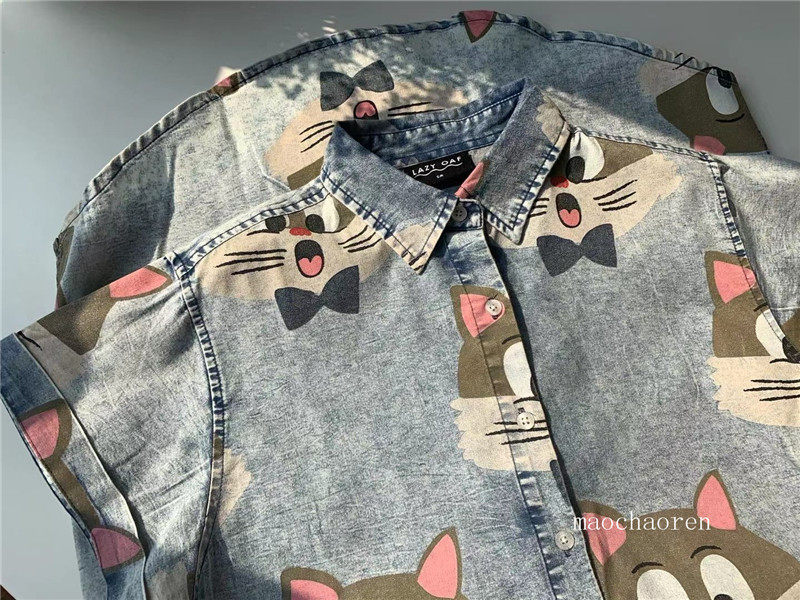 惊讶可爱小猫水洗牛仔趣味连衣裙