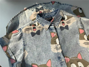 夏季英国惊讶猫可爱小猫脸时尚水洗牛仔趣味短袖衬衫连衣裙中长款