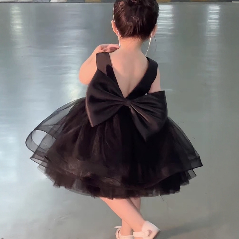 女童周岁礼服主持钢琴演奏小女孩连衣裙婚纱黑色儿童公主裙蓬蓬纱