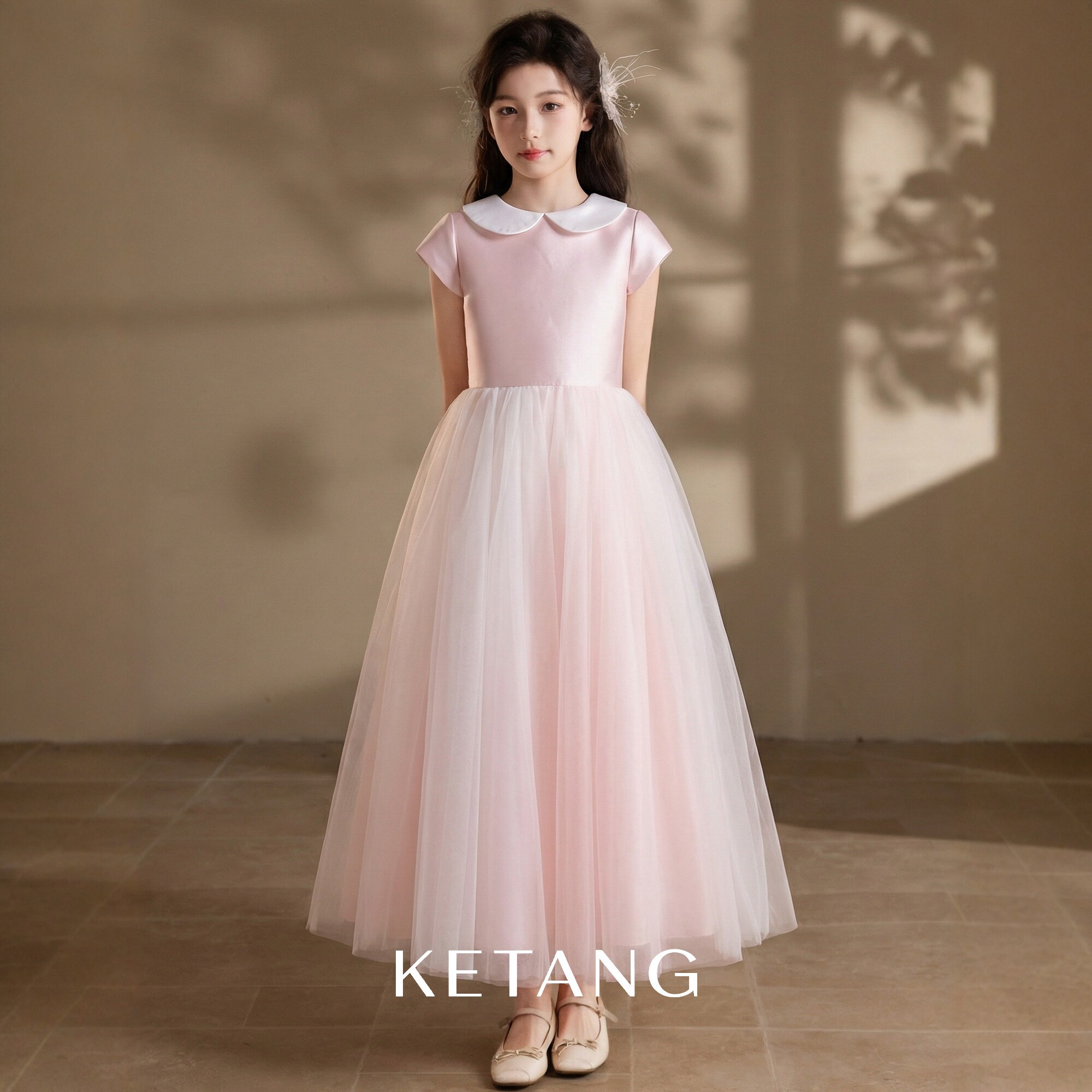 女孩中大童缎面晚礼服钢琴大提琴演奏礼服公主裙主持儿童生日演出