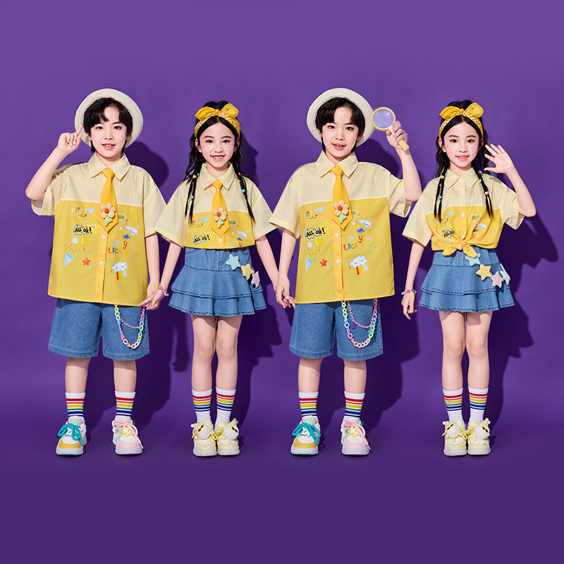 六一儿童演出服小学生运动会啦啦操拼接条纹衬衫班服表演服合唱服