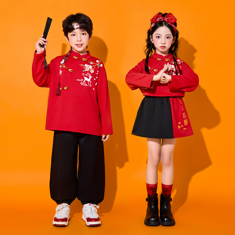 儿童元旦演出服中国风服装合唱服汉服喜庆表演服古装男童女童街舞