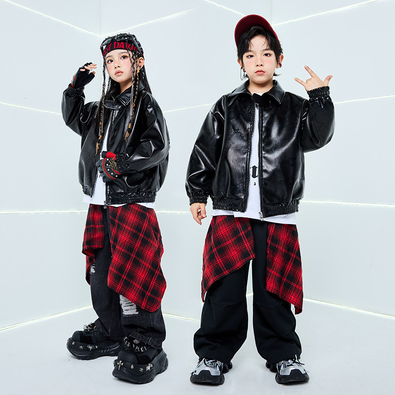 儿童街舞演出服爵士舞套装黑色皮衣外套男童潮服少儿hiphop嘻哈女