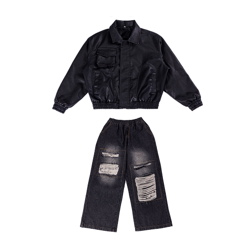 街舞儿童潮服嘻哈皮衣外套男童套装hiphop童装炸街演出服走秀爵士