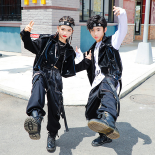 男孩嘻哈女童演出服秋季 皮衣服装 男童hiphop童装 街舞儿童潮服套装