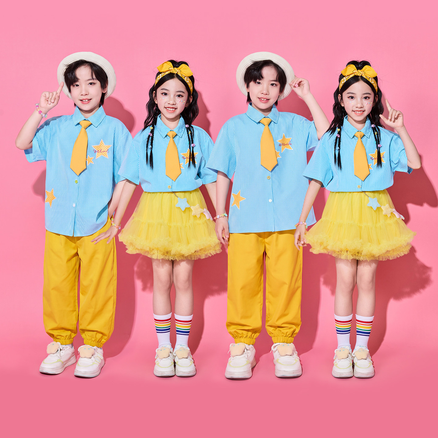 儿童演出服小学生运动会啦啦操蓝色衬衫纱裙班服合唱服表演服秋季