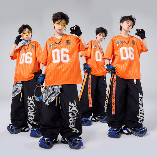 儿童街舞潮服演出服男童套装hiphop童装嘻哈女架子鼓 桔色数字T恤