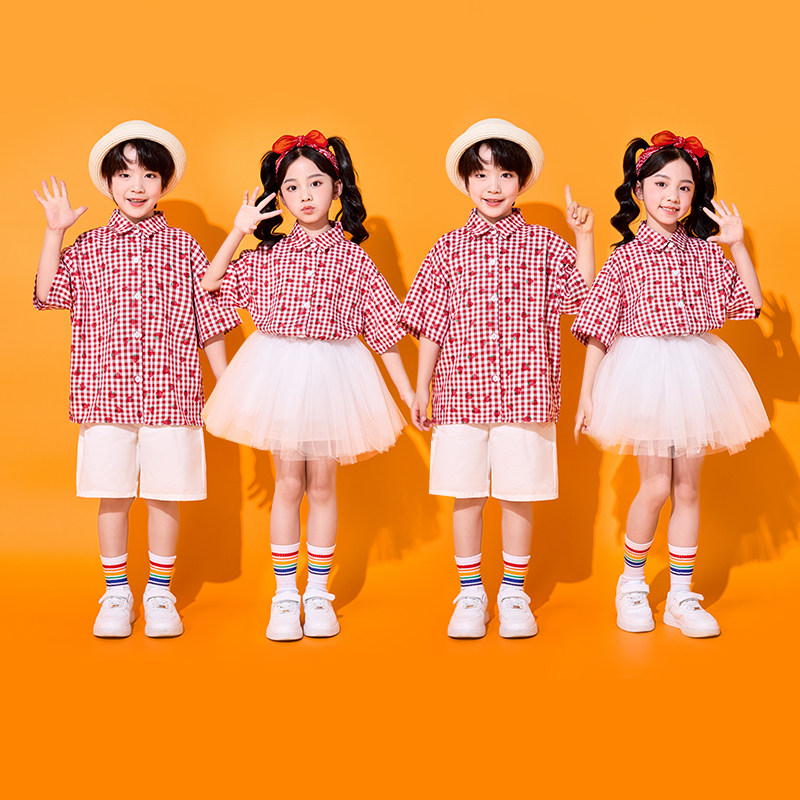 六一儿童演出服小学生合唱服表演运动会草莓格子啦啦操幼儿园班服