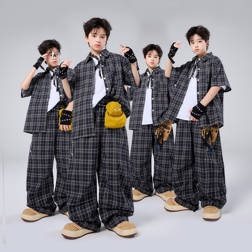 儿童街舞潮服演出服男童hiphop童装女孩嘻哈架子鼓格子套装潮牌夏