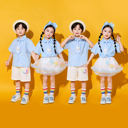 六一儿童演出服小学生运动会啦啦操班服合唱表演蓝色条纹衬衫纱裙