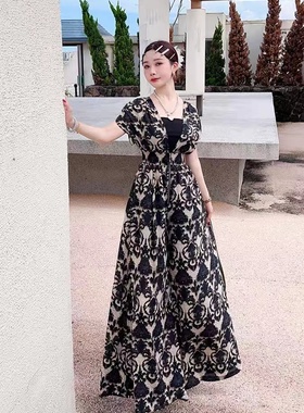 【高端定制·小众设计】时尚印花高腰修身前置拉链连衣裤61577