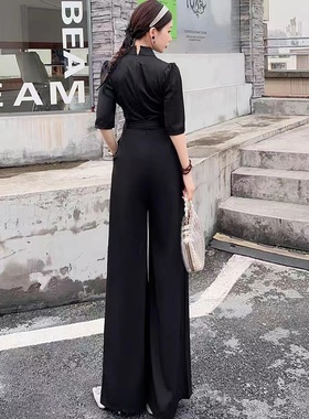 黑色短袖西装连体裤夏新款V领绑带收腰垂感阔腿裤时尚连衣裤61387