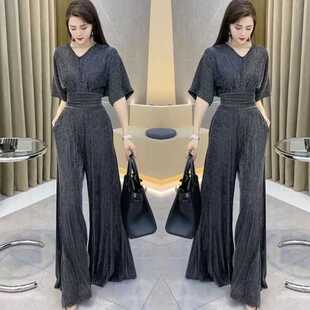 亮丝弹力连体裤女夏季新款气质女神范V领短袖绑带阔腿连衣裤60769