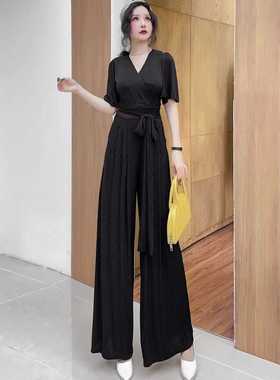 黑色短袖西装连体裤新款V领绑带收腰垂感阔腿裤时尚连衣裤61099