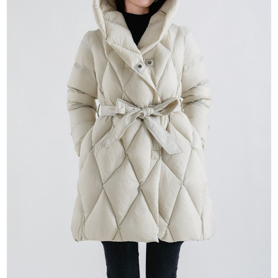 高端95白鹅绒羽绒服面包服女款菱格中长款鹅绒服平湖女装白色连帽