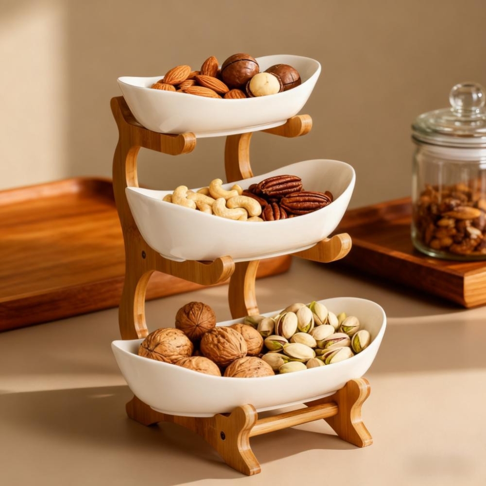 竹木轻奢高档多层收纳架食物花生干果放菜菜筐杂物篮框高颜值置物