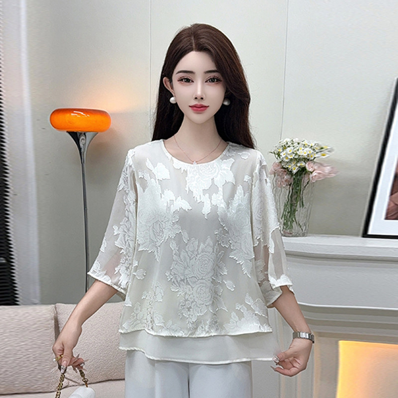 香云纱真丝上衣女短袖tT恤2025年新款刺绣妈妈夏装桑蚕丝洋气小衫