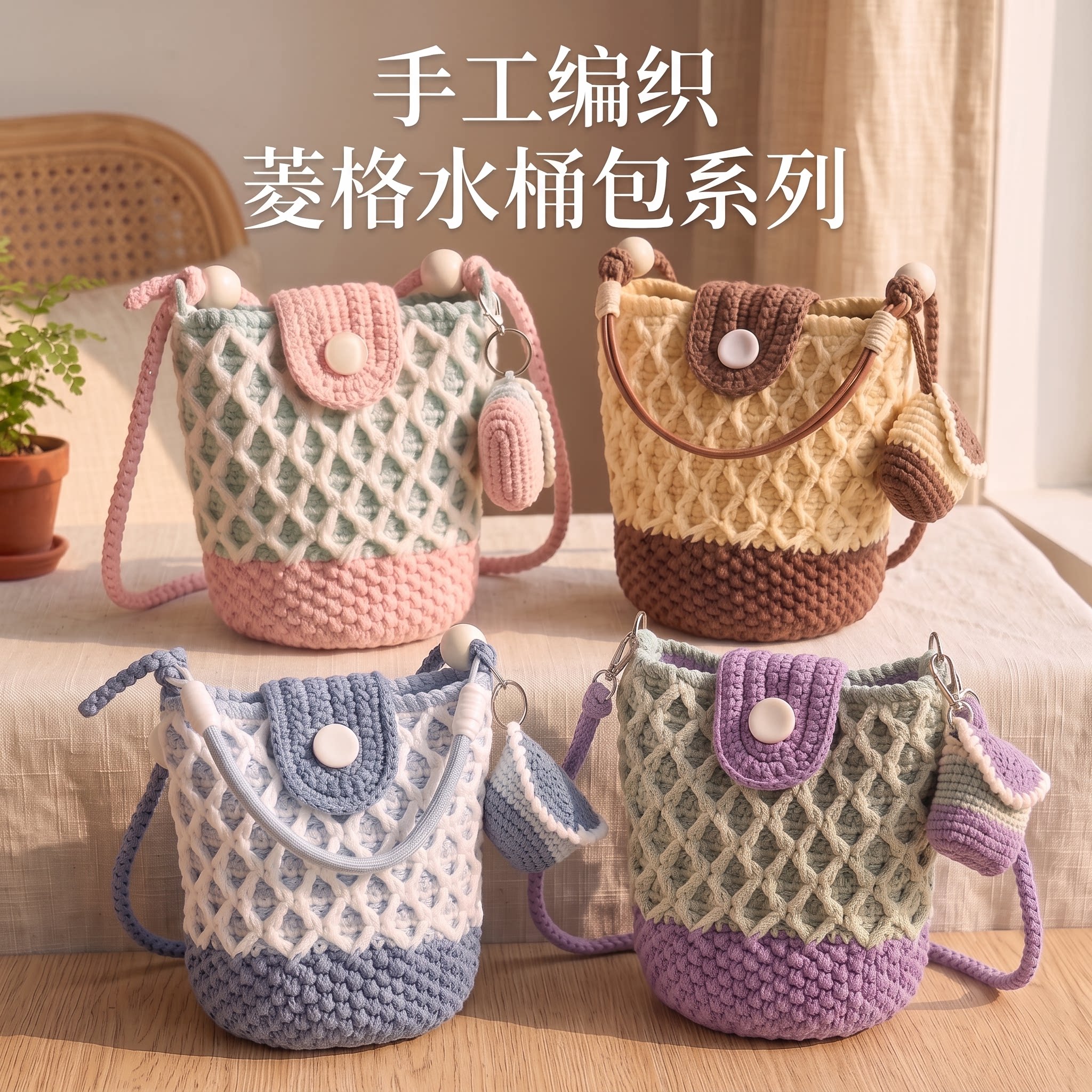 手工钩织菱格撞色水桶包