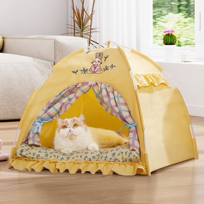 跨境春季猫窝狗窝夏季半封闭房子兔子花边可折叠户外宠物帐篷用品