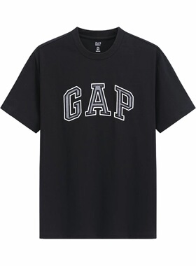 GAP 字母印花Logo纯棉落肩胶印吸湿直筒圆领套头短袖T恤 892185黑