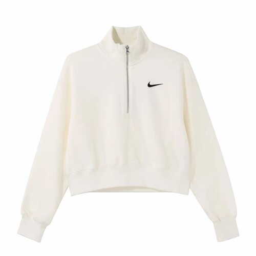 Nike 纯色Logo刺绣半拉链半开襟无帽卫衣 女款 帆白色DQ5768-133