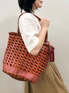 正品意大利VIPERA小众拼色系列手工牛皮水桶形编织托特包单肩包女