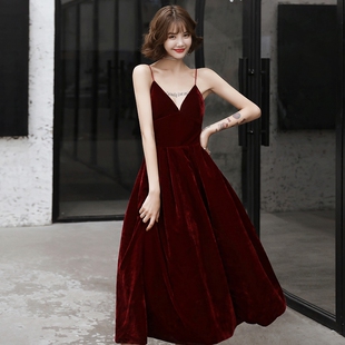 敬酒服新娘2023高级感平时可穿酒红色绒面回门衣服结婚晚礼服