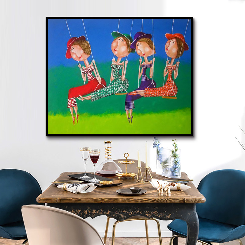 创意卡通四个荡秋千的好姐妹diy数字油彩画手绘填色减压装饰挂画