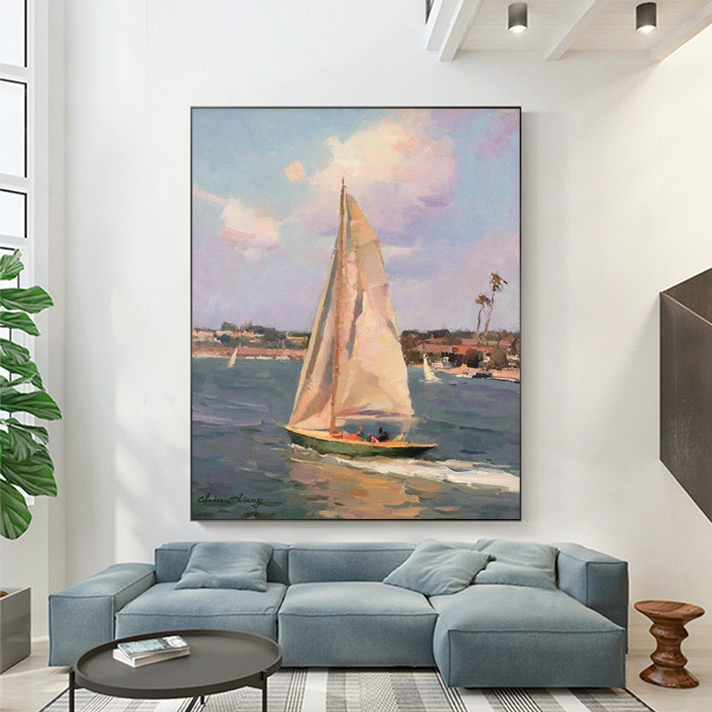 品都 蓝天下航行的海船diy数字油画手绘填色家居客厅卧室酒店装饰