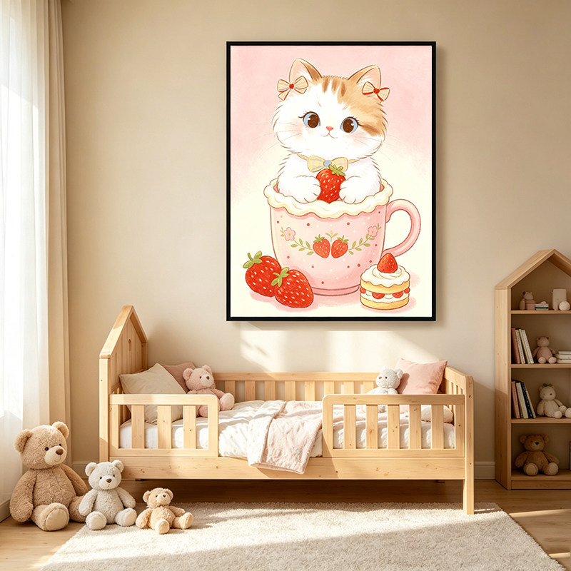 原创DIY数字油画可爱茶杯小猫咪治愈手工涂色画儿童房卧室装饰画