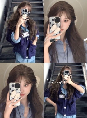 LISEYEN设计师原创 薰衣草织梦蓝紫色宽松大麻花毛衣开衫女冬新款