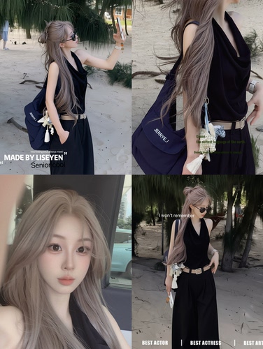 LISEYEN设计师原创莱赛尔天丝垂坠感针织黑色V领挂脖衫上衣阔腿裤