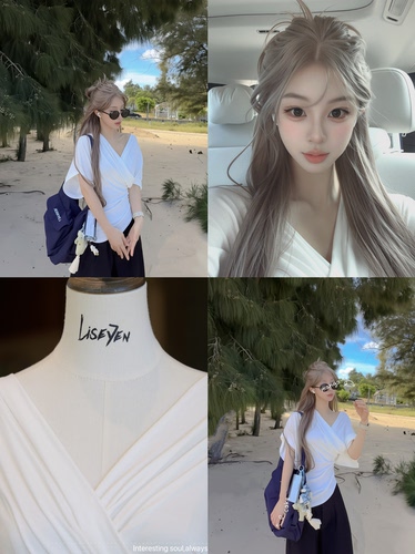 LISEYEN设计师炒鸡显瘦收腰堆叠V领T恤女夏季休闲修身短袖白上衣