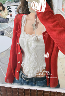 LISEYEN设计师款 显白显白显白女针织休闲穿搭上衣 胭脂红开衫