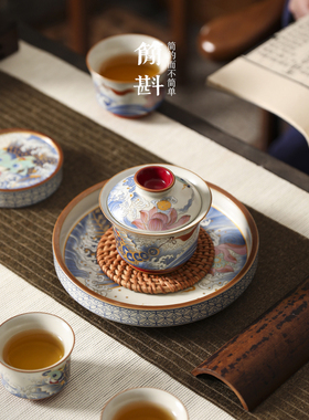 马蹄盖碗茶杯功夫茶醒狮壶承托盘陶瓷青花汝窑锦鲤悬停二才泡茶碗