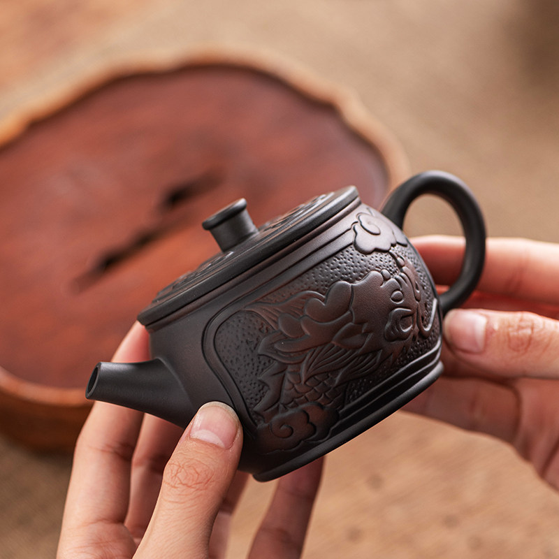 茶壶凤鸣壶功夫家用陶瓷茶具纯手工跳刀紫陶手把壶手抓泡茶小单壶