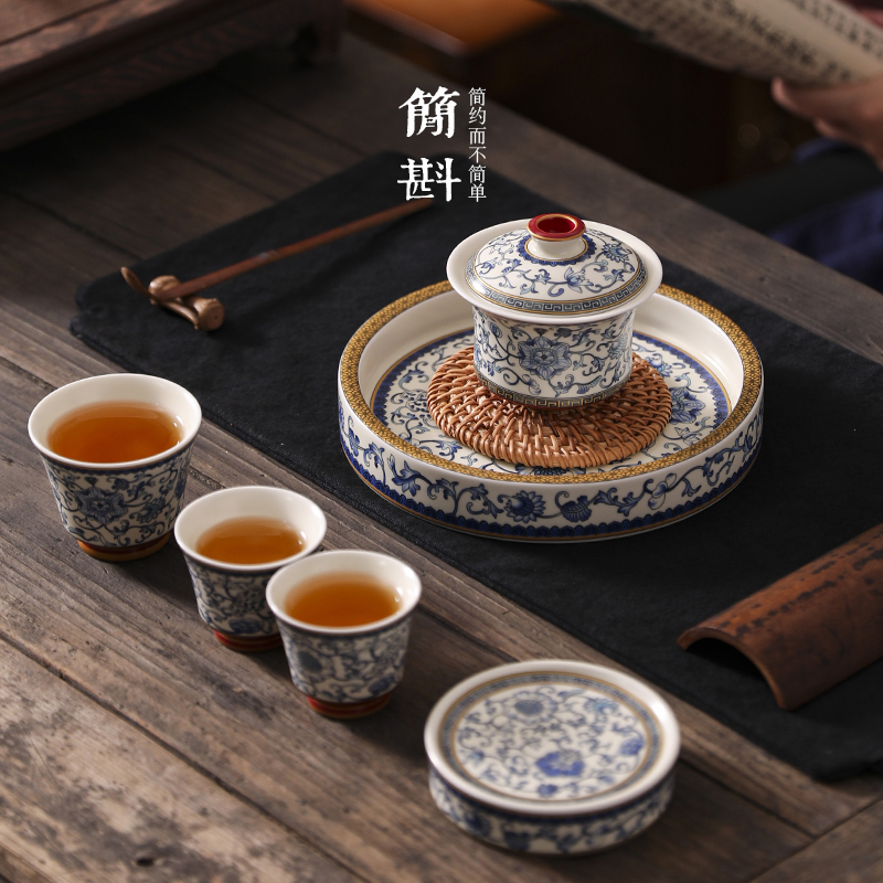 盖碗茶具茶杯青花悬停茶碗